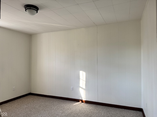 spare room featuring carpet flooring and wood walls