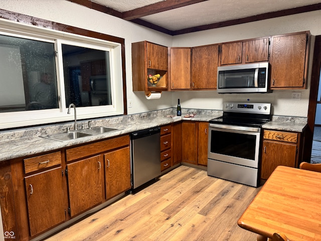 kitchen featuring sink, beamed ceiling, stainless steel appliances, and light wood-type flooring