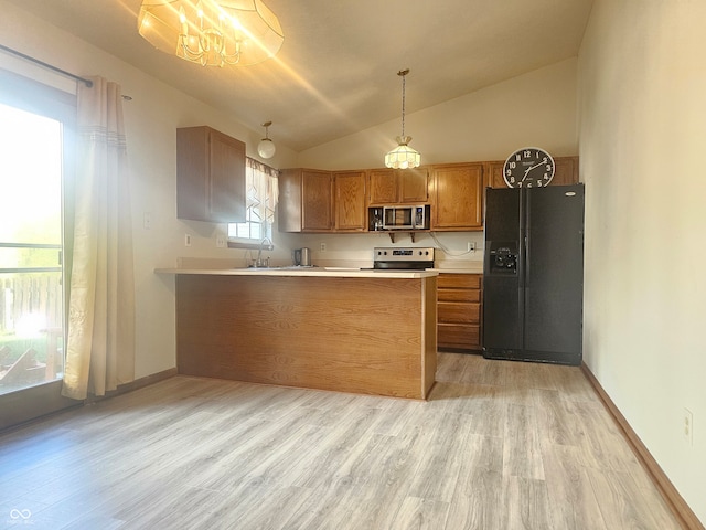 kitchen featuring kitchen peninsula, white range with electric cooktop, light hardwood / wood-style flooring, lofted ceiling, and black fridge with ice dispenser