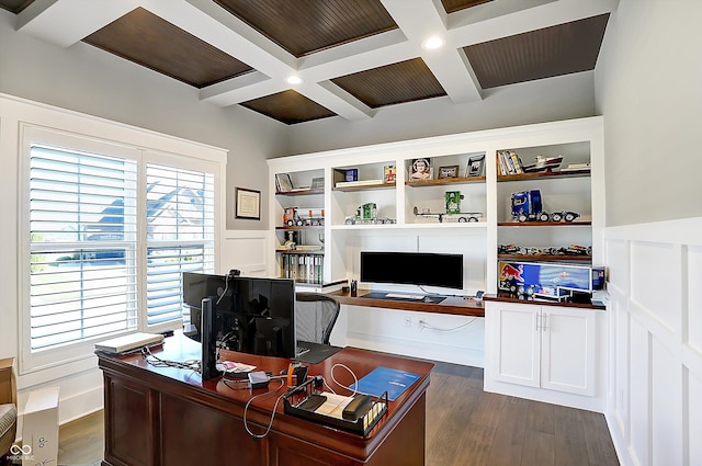 home office with beam ceiling, built in desk, dark wood-type flooring, and coffered ceiling