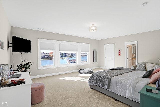 bedroom with multiple windows, carpet floors, and ensuite bath