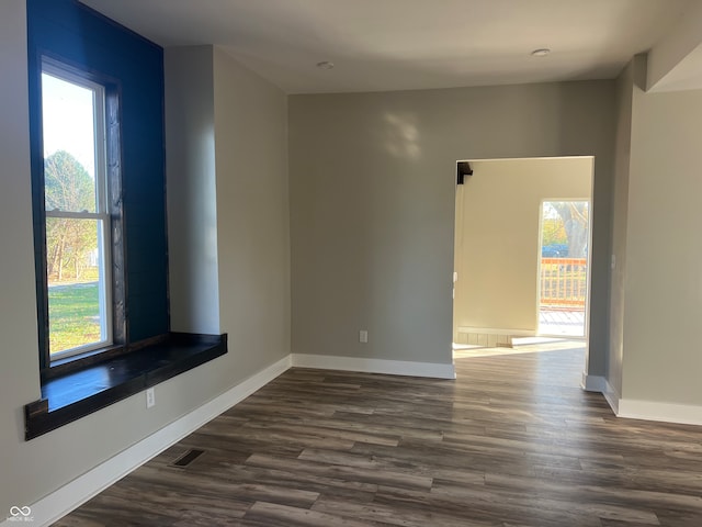 unfurnished living room featuring dark wood-type flooring and a wealth of natural light