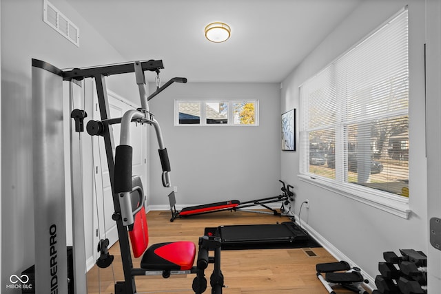 workout area featuring light hardwood / wood-style flooring