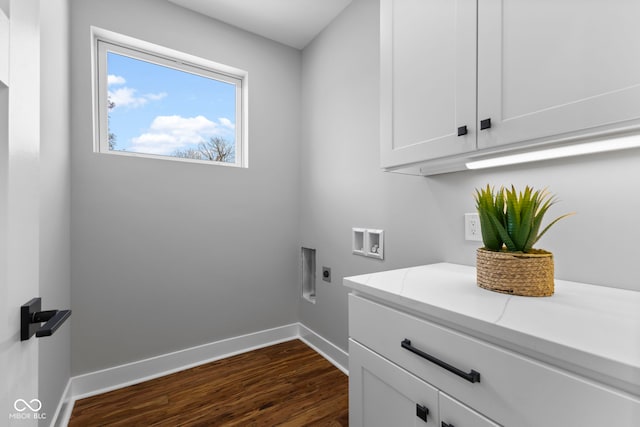 1514 E 12th St, Indianapolis, IN 46201 - laundry room featuring hookup for a washing machine, dark wood-style flooring, cabinet space, electric dryer hookup, and baseboards