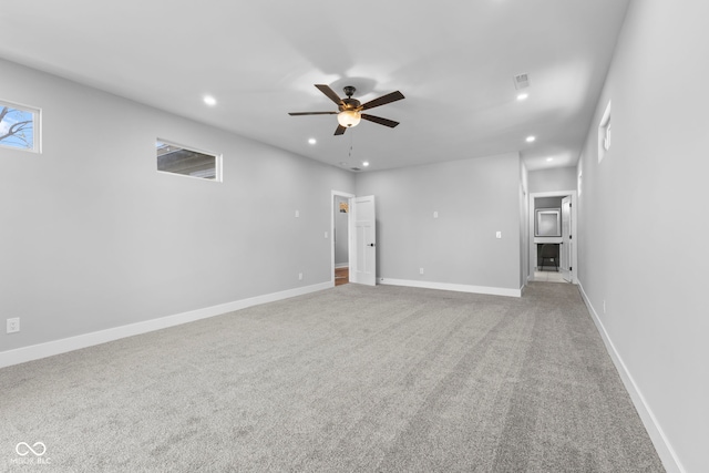 1514 E 12th St, Indianapolis, IN 46201 - unfurnished living room with recessed lighting, a ceiling fan, carpet flooring, and baseboards