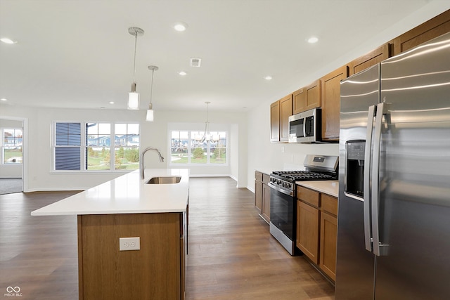 kitchen featuring stainless steel appliances, sink, an island with sink, pendant lighting, and dark hardwood / wood-style flooring