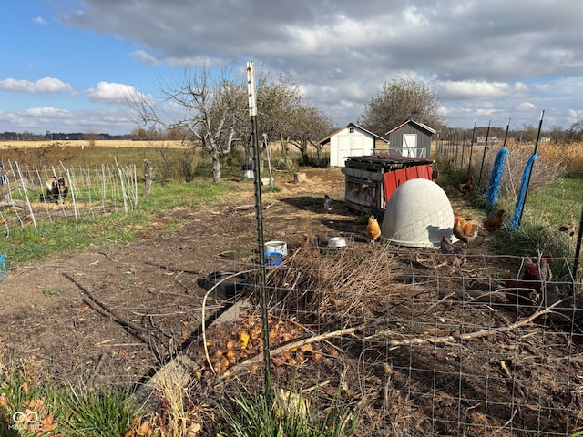 view of yard with an outdoor structure and a rural view