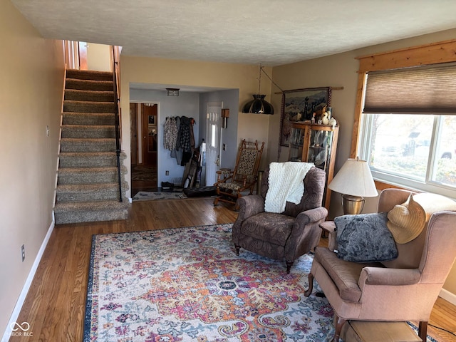 living room featuring hardwood / wood-style floors and a textured ceiling