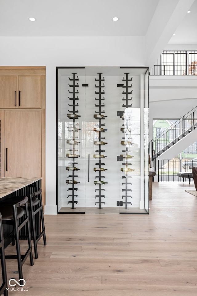 wine cellar with light hardwood / wood-style flooring