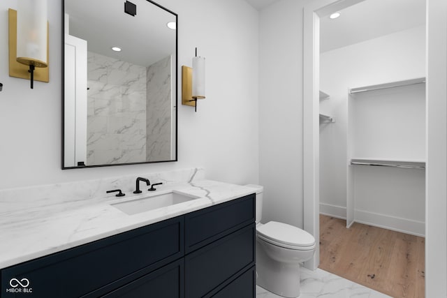 bathroom with hardwood / wood-style floors, vanity, and toilet