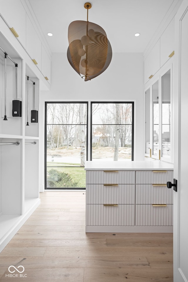 interior space with ornamental molding and hardwood / wood-style flooring