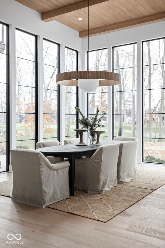 unfurnished sunroom with beam ceiling, a wealth of natural light, and wood ceiling