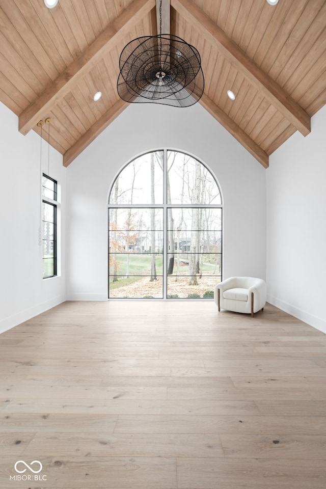 interior space featuring beam ceiling, light wood-type flooring, and wooden ceiling