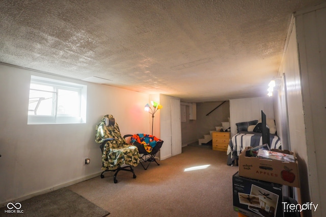 living area featuring a textured ceiling and carpet floors