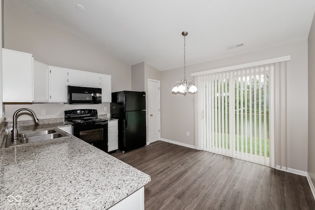 kitchen with white cabinetry, sink, dark wood-type flooring, lofted ceiling, and black appliances