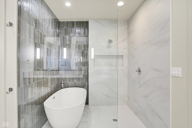 5469 Harness Dr, Greenwood, IN 46143 - full bath with a freestanding bath, a marble finish shower, and recessed lighting