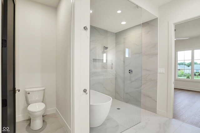5469 Harness Dr, Greenwood, IN 46143 - full bathroom with a marble finish shower, baseboards, toilet, marble finish floors, and recessed lighting