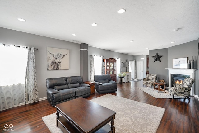 living room with a textured ceiling, plenty of natural light, and dark wood-type flooring