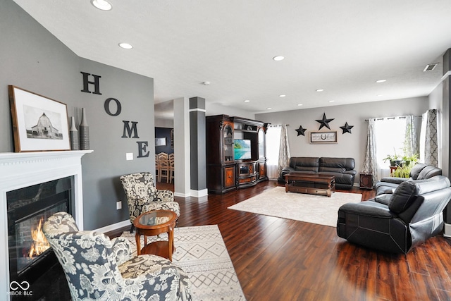 living room with dark wood-type flooring