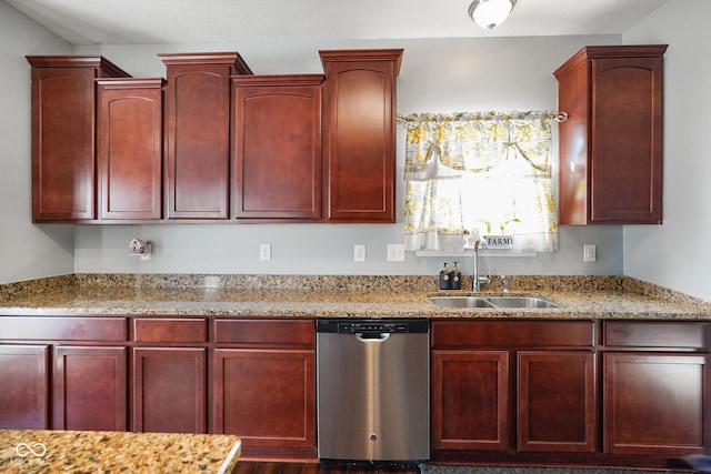 kitchen featuring light stone counters, stainless steel dishwasher, dark hardwood / wood-style flooring, and sink