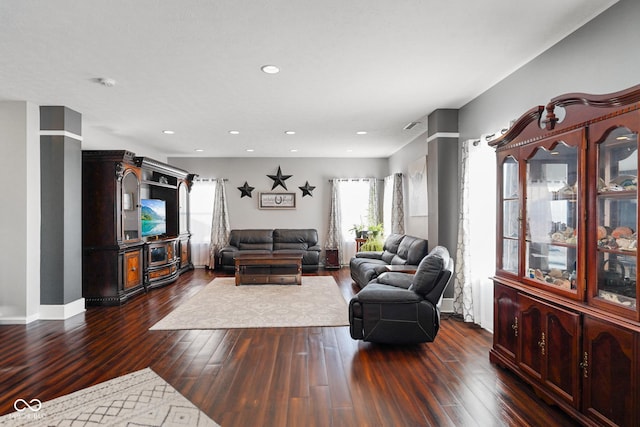 living room with dark hardwood / wood-style flooring