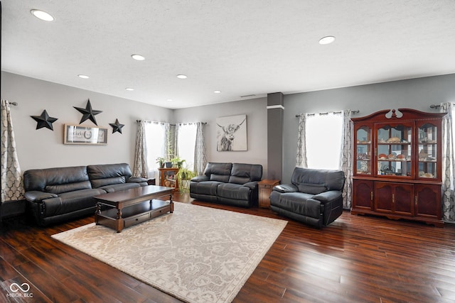 living room with a textured ceiling and dark wood-type flooring