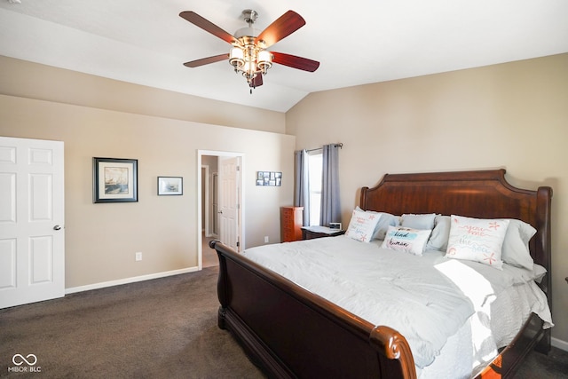 bedroom with vaulted ceiling, ceiling fan, and dark carpet