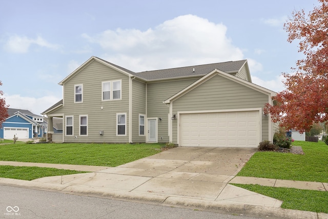 front facade with a front lawn and a garage