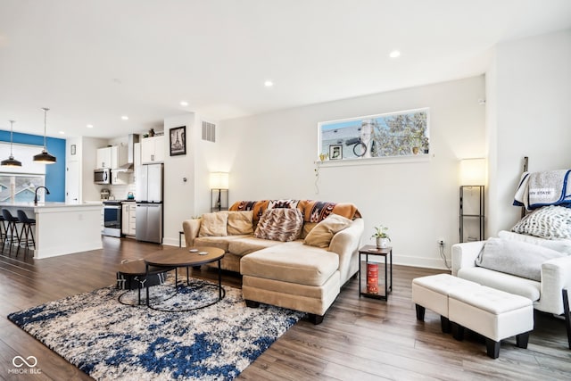 living room featuring dark hardwood / wood-style floors and sink