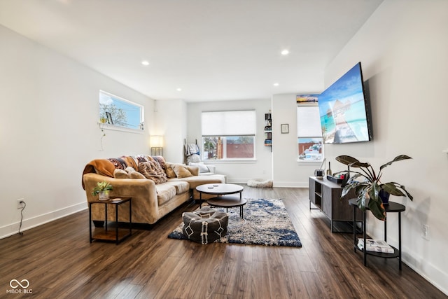 living room with dark hardwood / wood-style floors