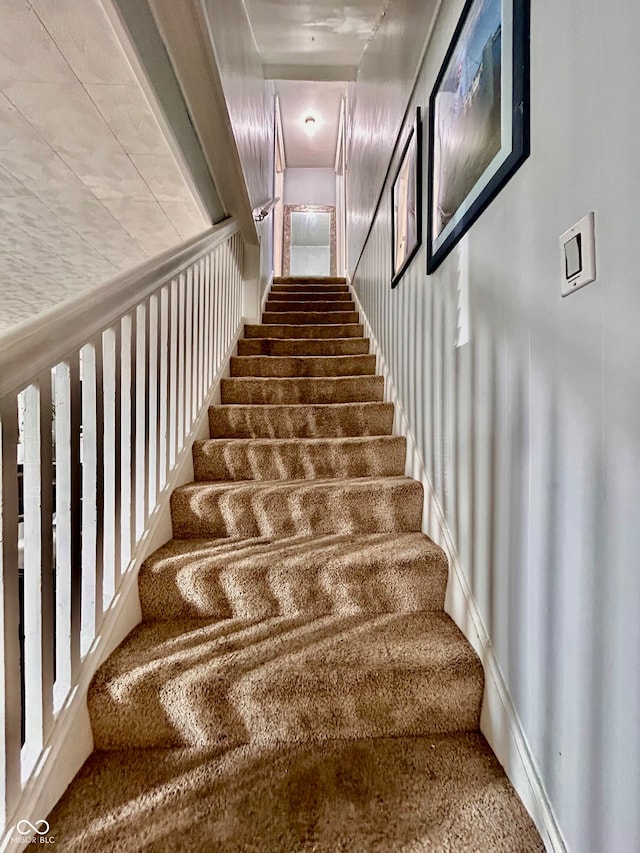 stairs featuring carpet flooring