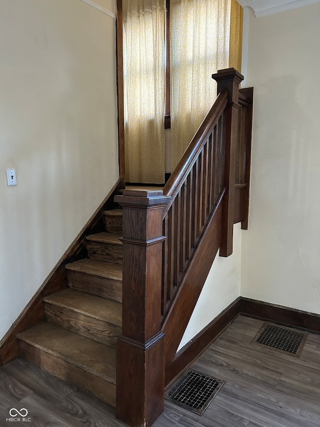 stairs with ornamental molding and wood-type flooring