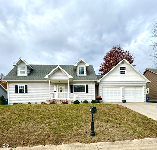 cape cod house with a front lawn, a garage, and a porch