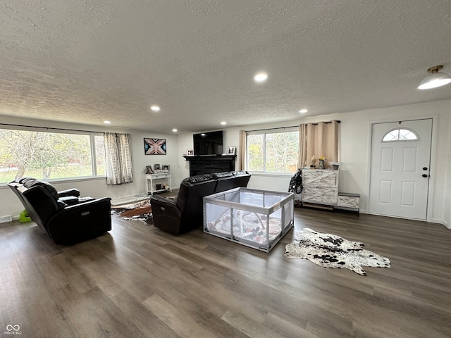 living room featuring a fireplace, dark hardwood / wood-style flooring, and a textured ceiling