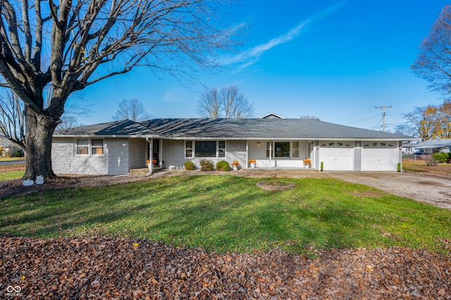 single story home with a front lawn, a garage, and a porch