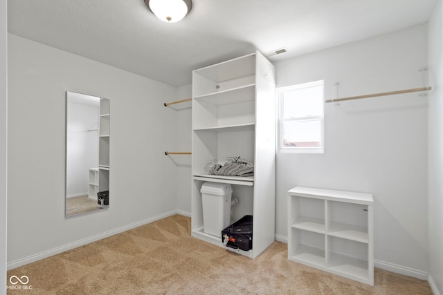 walk in closet featuring light carpet