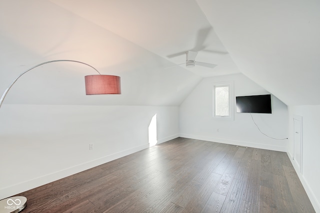 bonus room featuring hardwood / wood-style floors, ceiling fan, and vaulted ceiling