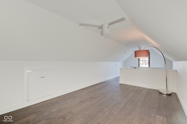 bonus room with lofted ceiling, hardwood / wood-style flooring, and ceiling fan