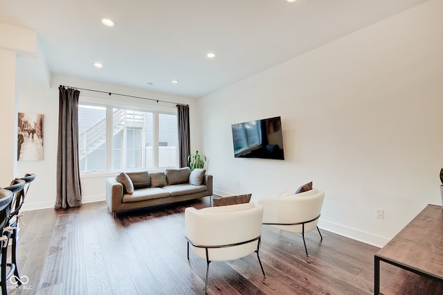 living room featuring dark wood-type flooring