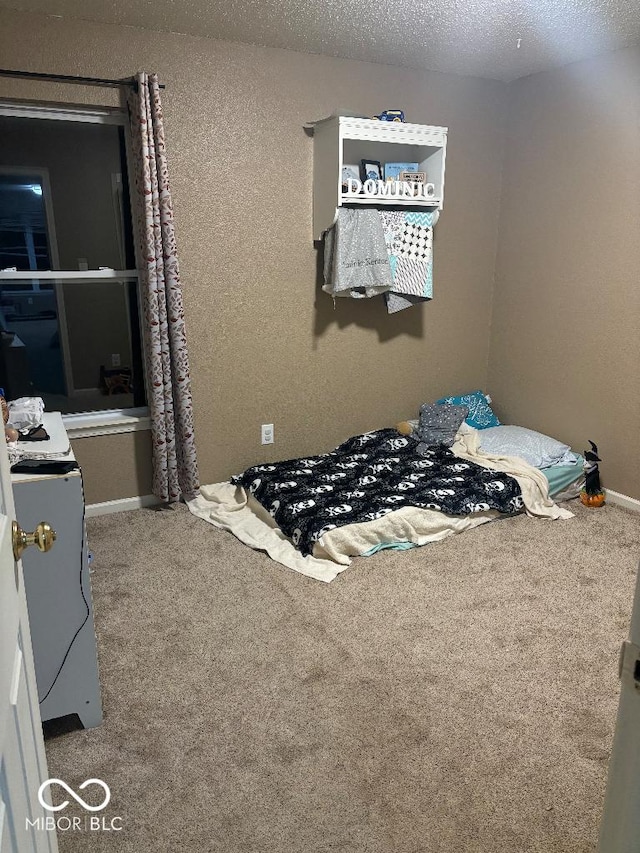 bedroom with a textured ceiling and carpet flooring