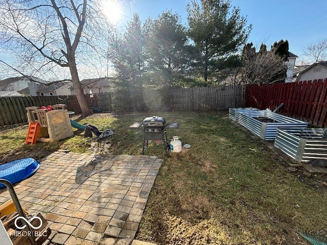 view of yard with a patio area and a fenced backyard