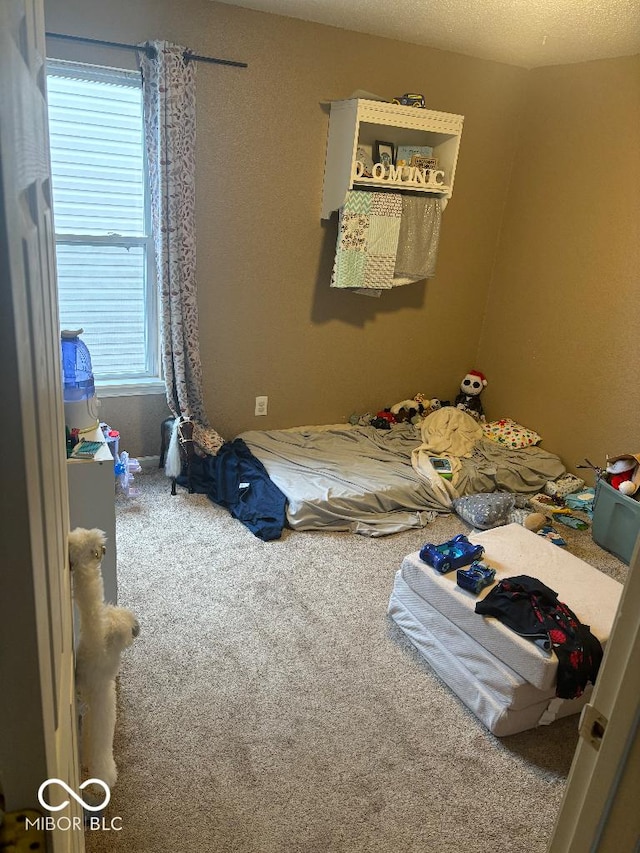 carpeted bedroom with a textured ceiling