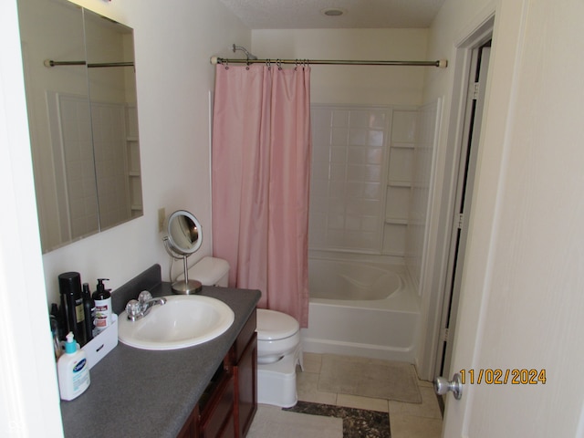 full bathroom with toilet, vanity, shower / bath combination with curtain, and tile patterned floors