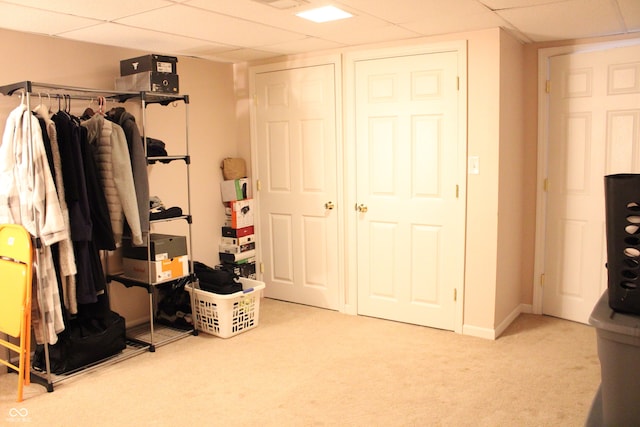 interior space featuring a paneled ceiling and carpet floors