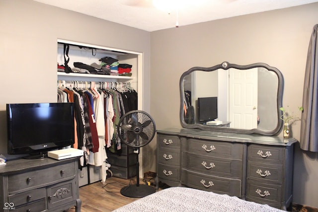 bedroom featuring light hardwood / wood-style floors and a closet