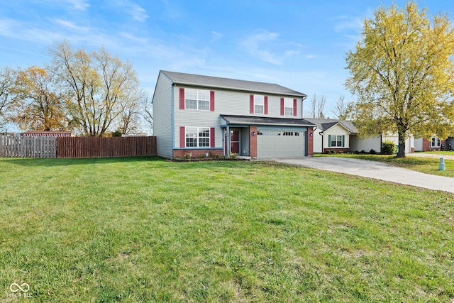 view of property with a garage and a front yard