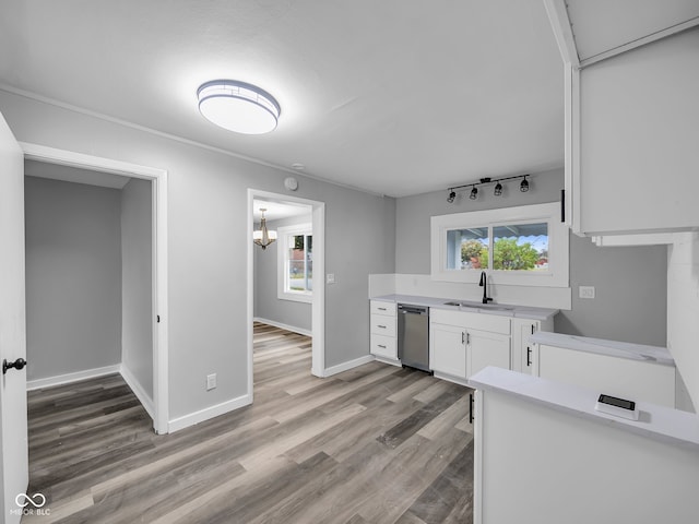 kitchen with light hardwood / wood-style floors, white cabinetry, stainless steel dishwasher, and sink