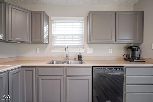 kitchen featuring gray cabinetry, sink, a textured ceiling, and black dishwasher