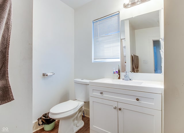 bathroom featuring vanity, toilet, and wood-type flooring