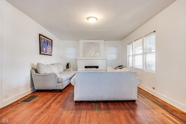 living room featuring dark wood-type flooring